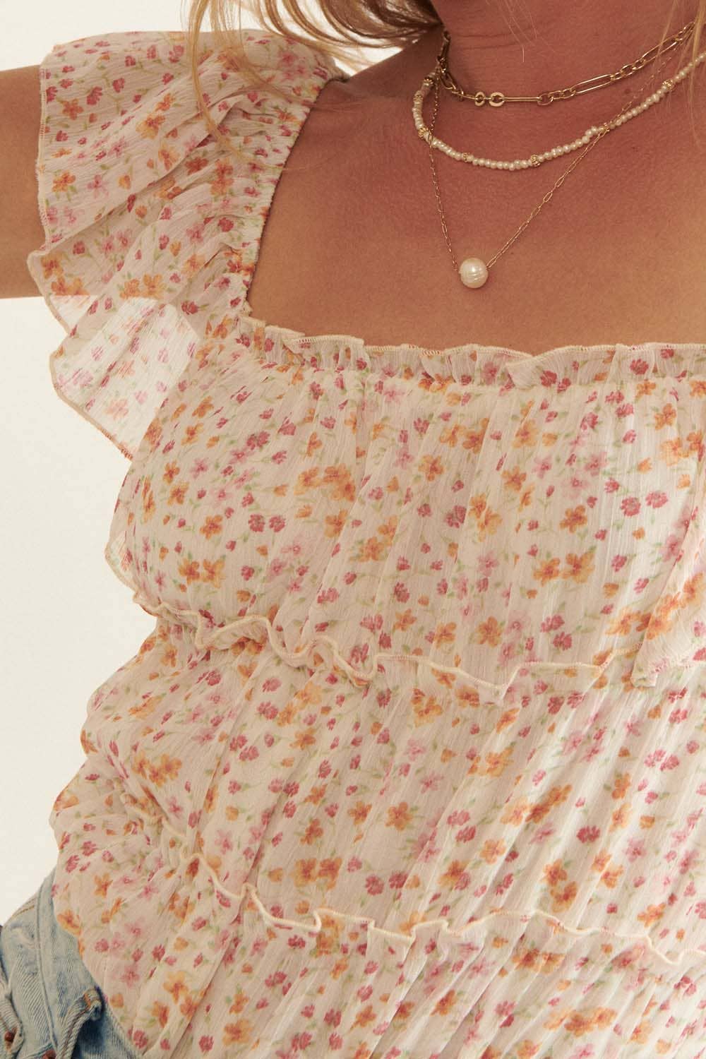 Image of Floral Square Neck Gather Bodice Low Back Bodysuit